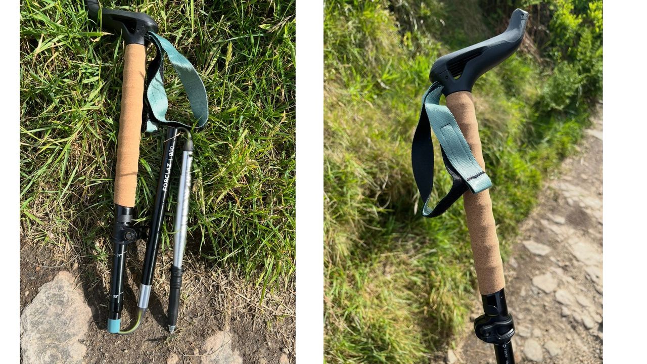 Susan Griffin using Decathlon Forclaz 1Ultra Compact Trekking Pole on rocky path next to product shot