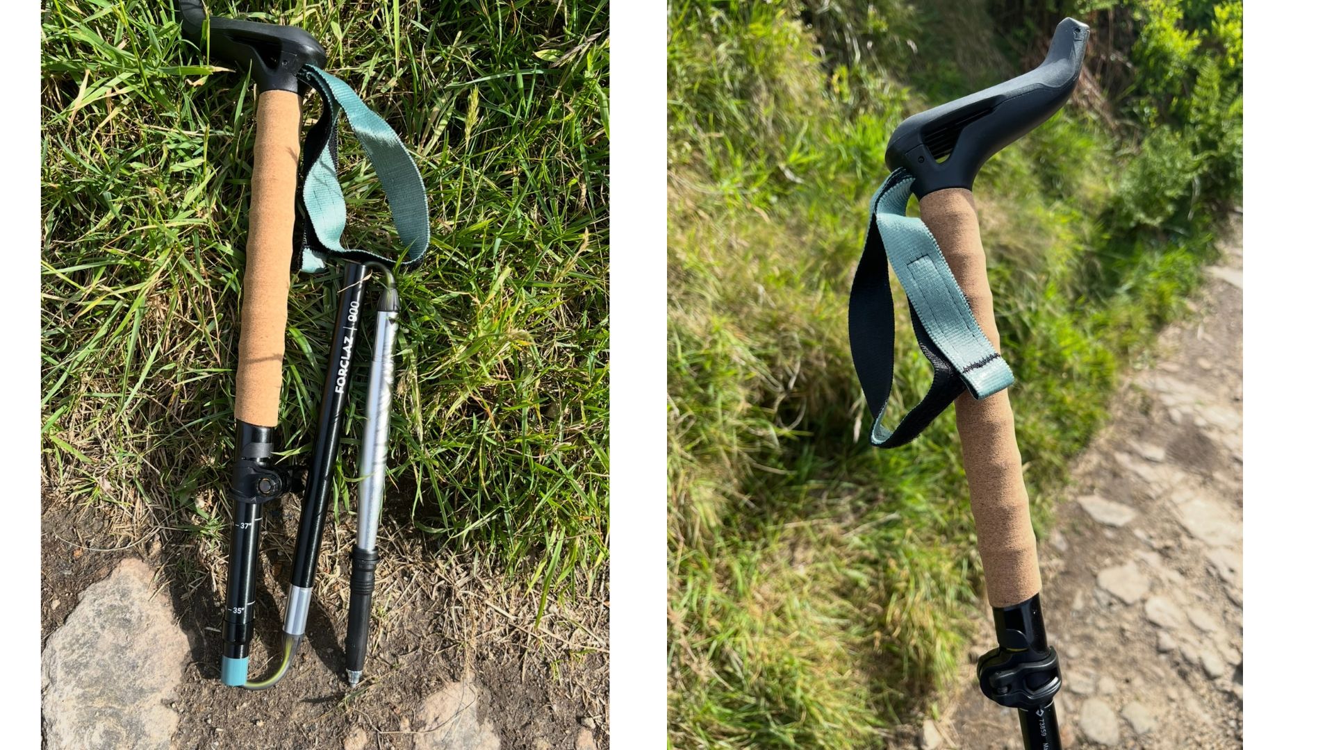 Susan Griffin using Decathlon Forclaz 1Ultra Compact Trekking Pole on rocky path next to product shot
