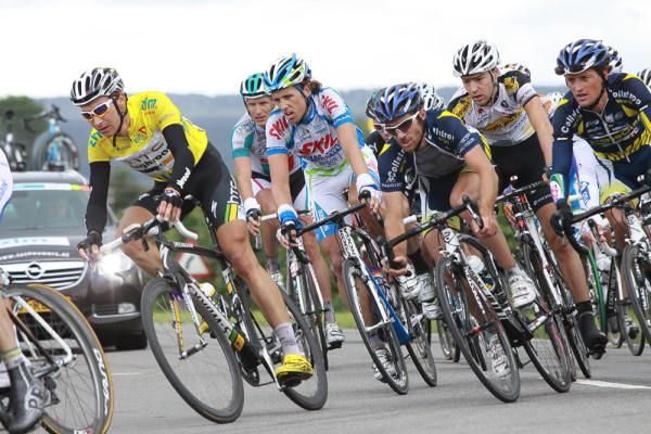 Overnight race leader Patrick Gretsch (HTC-Highroad) in the yellow jersey.