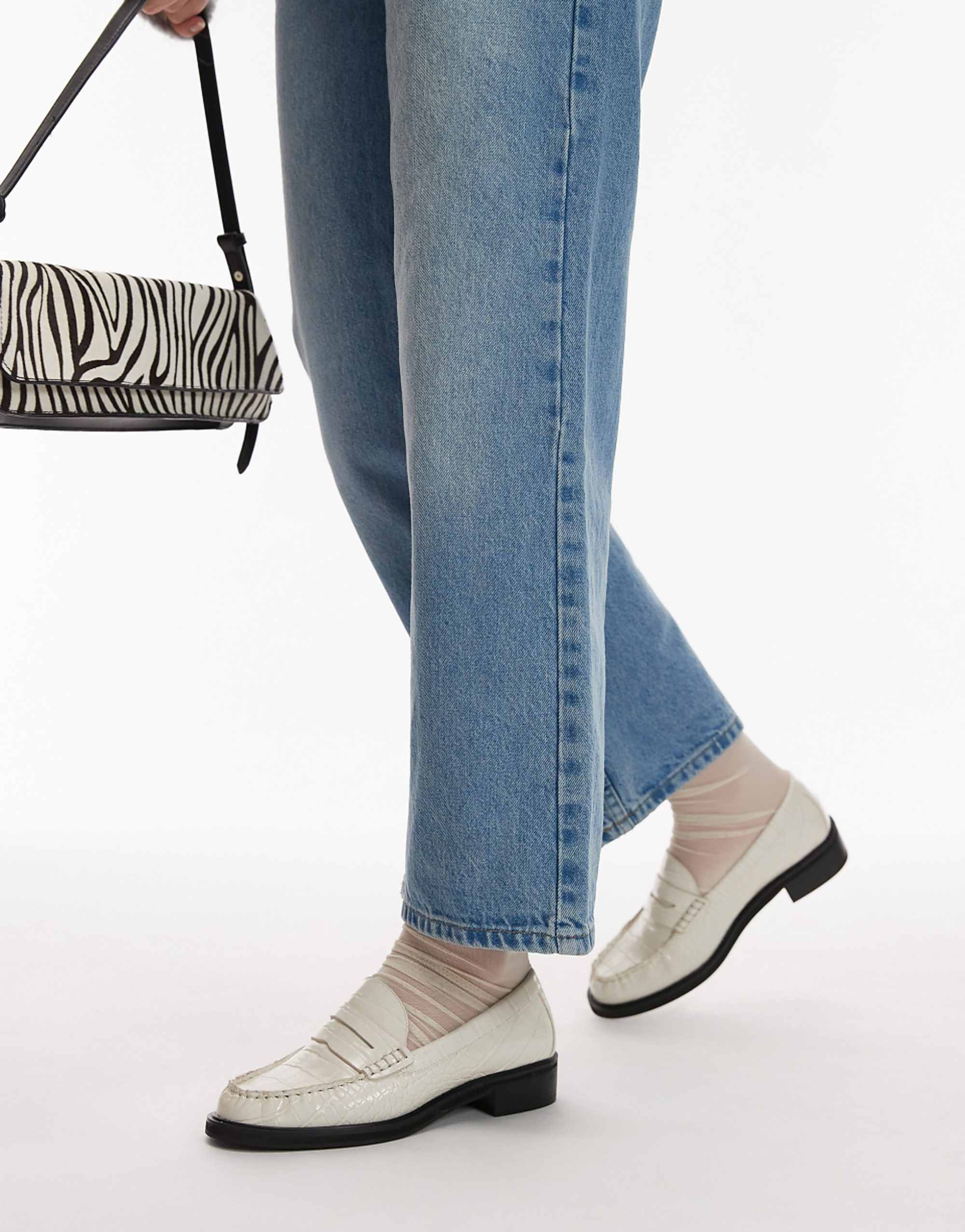 Topshop Carter Loafers With Ruched Detail in Off White Crocodile Print