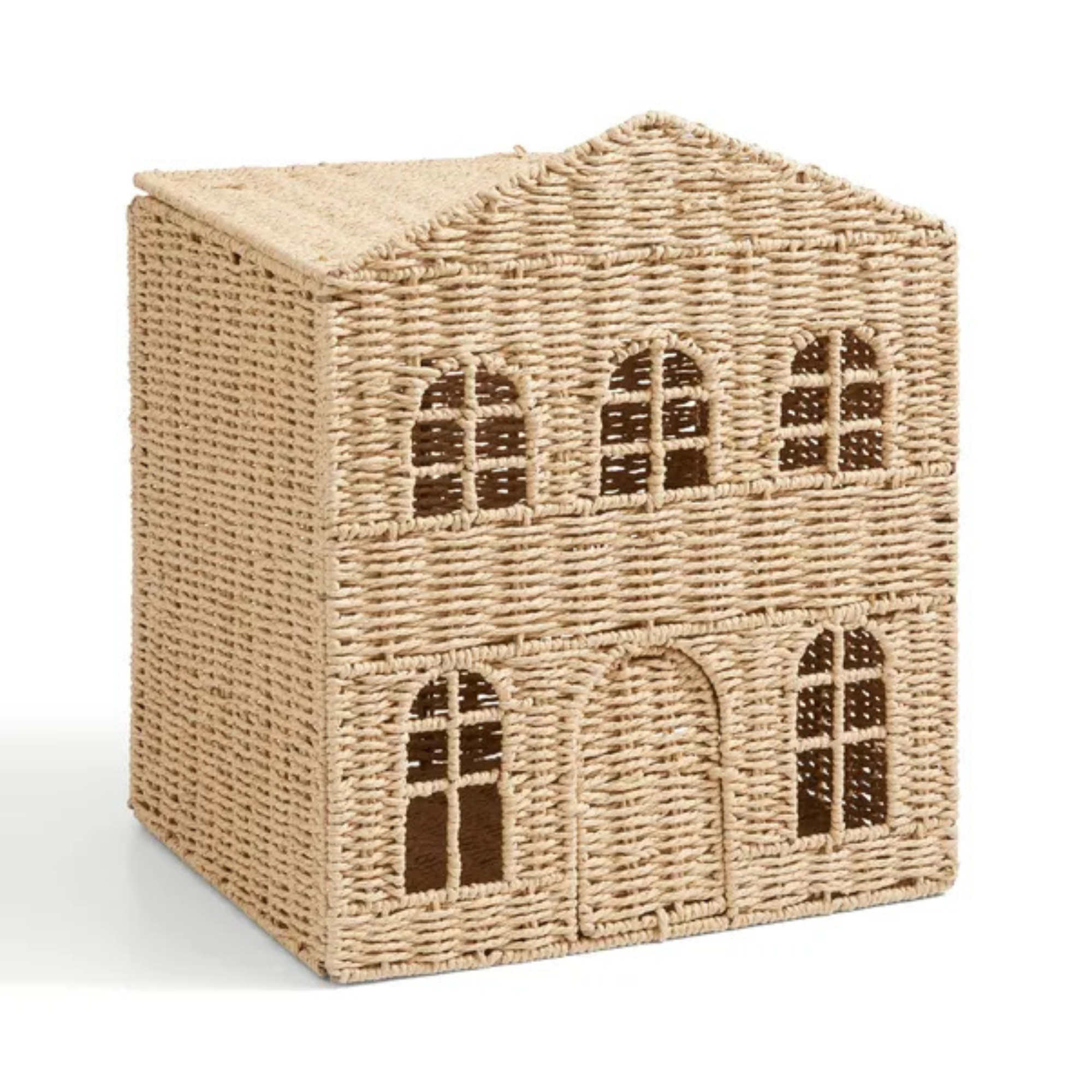 woven toy storage basket in the shape of a house with detailed windows and front door