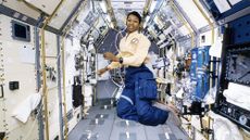Space Shuttle Endeavour (STS-47) onboard photo of Astronaut Mae Jemison working in Spacelab-J module. 