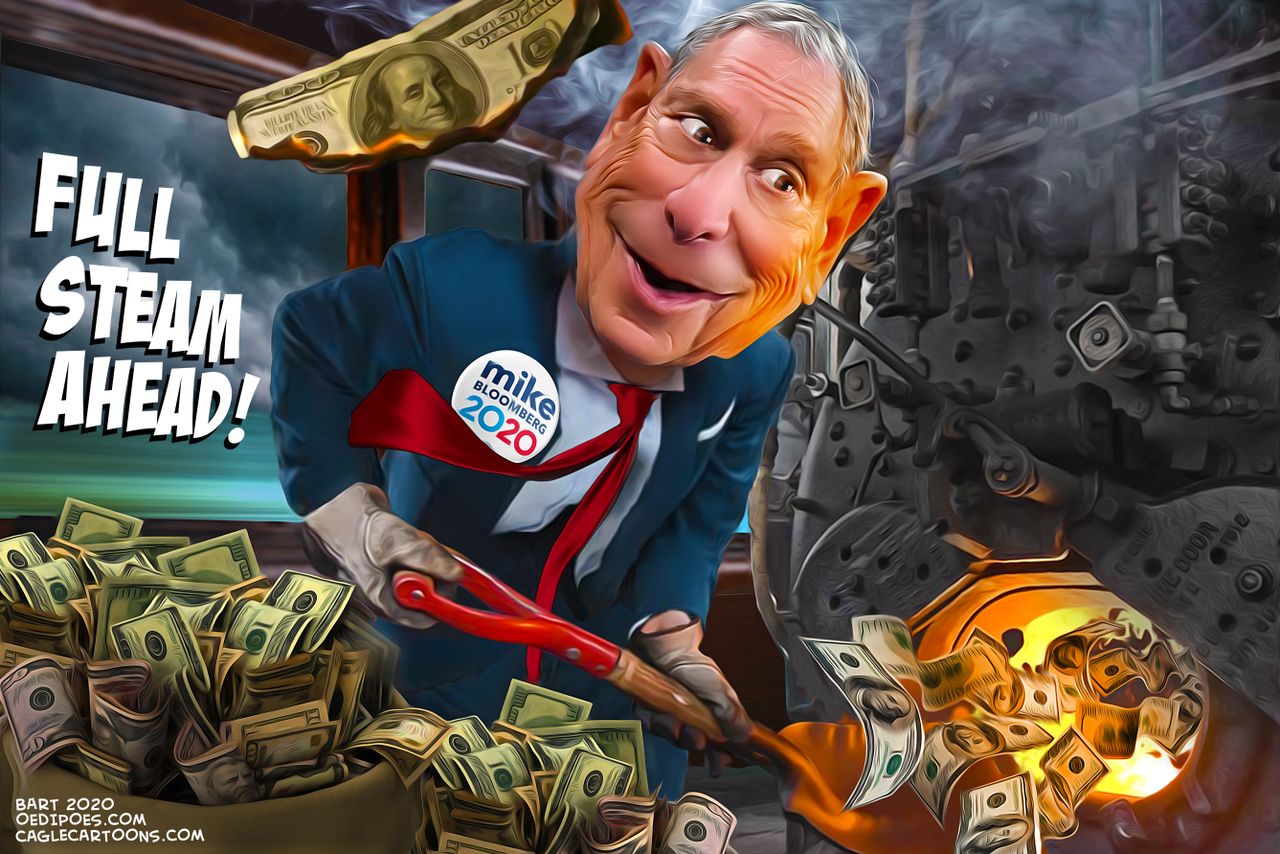 Political Cartoon U.S. Bloomberg steam ahead Nevada TV ads