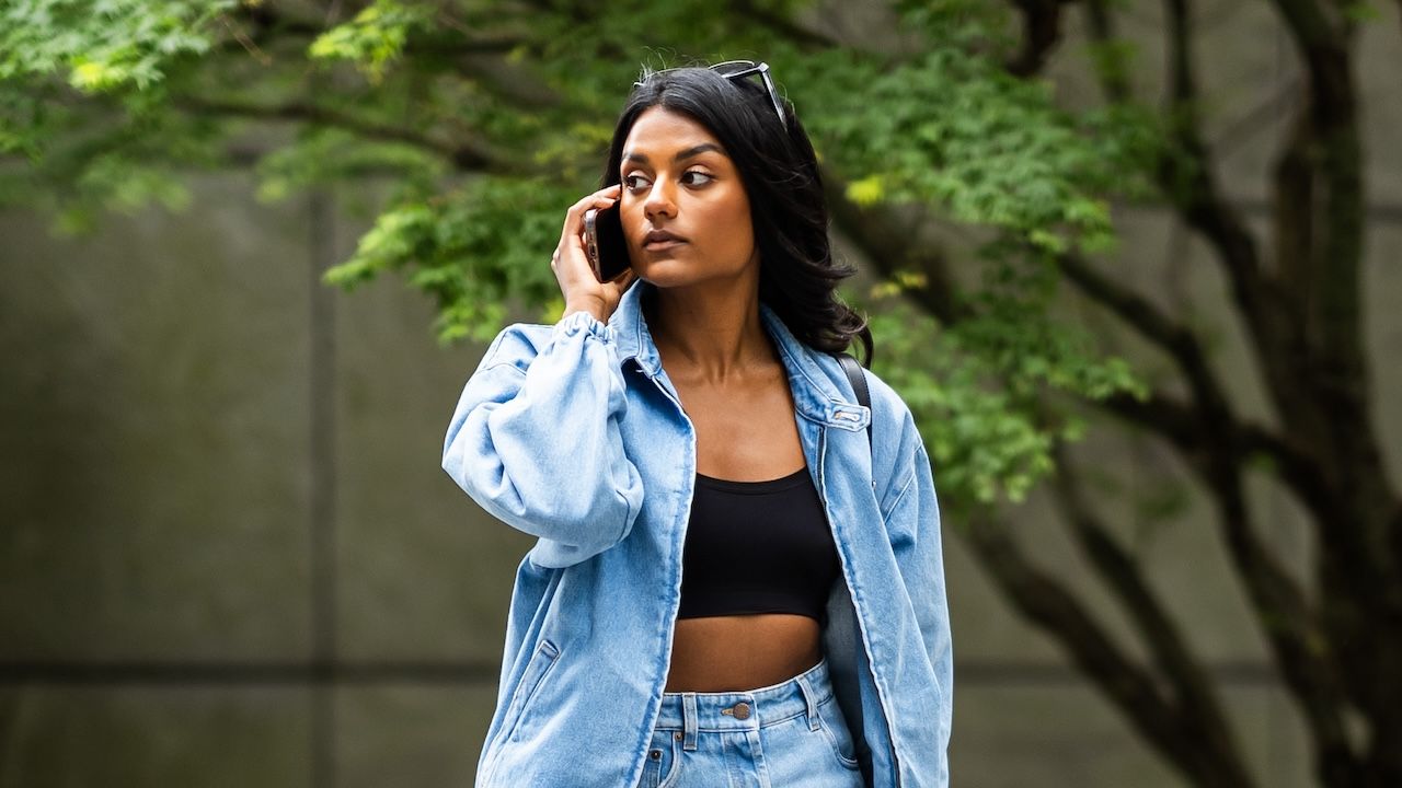 Simone Ashley in New York City May 2024 wearing double denim