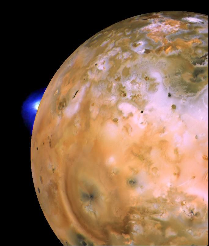 This image, captured by NASA&#039;s Voyager 1 spacecraft, shows a plume rising from Loki Patera, the largest volcano on the Jupiter moon Io.