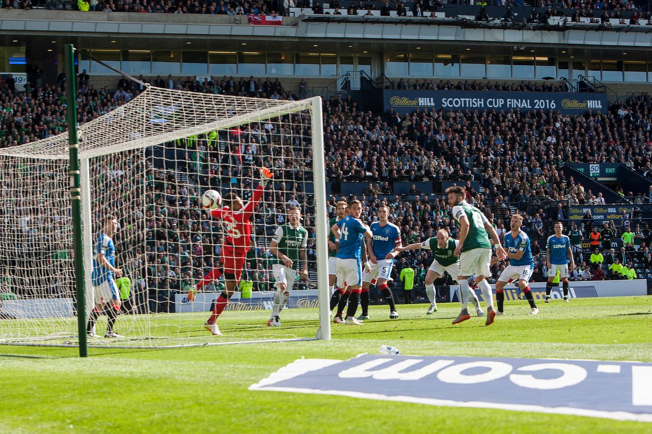 David Gray scores the winning goal for Hibernian in the 2016 Scottish Cup final against Rangers at Hampden Park, Glasgow