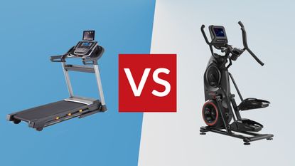 treadmill vs elliptical: pictured here a treadmill on blue background (left) and an elliptical on grey background (right)