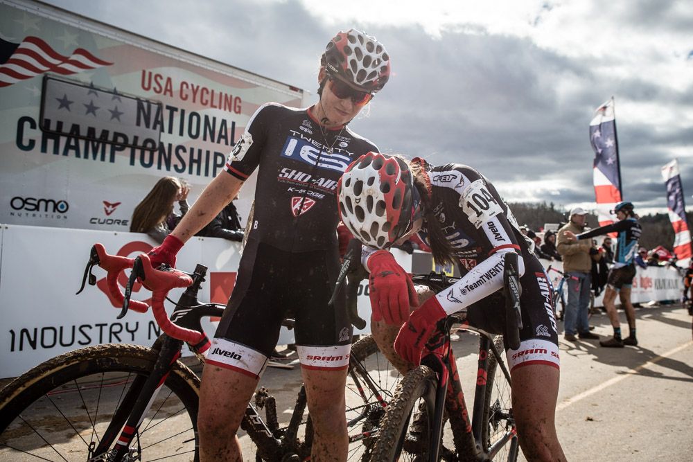 Hannah and Allison Arensman (Twenty 16) recover after the finish