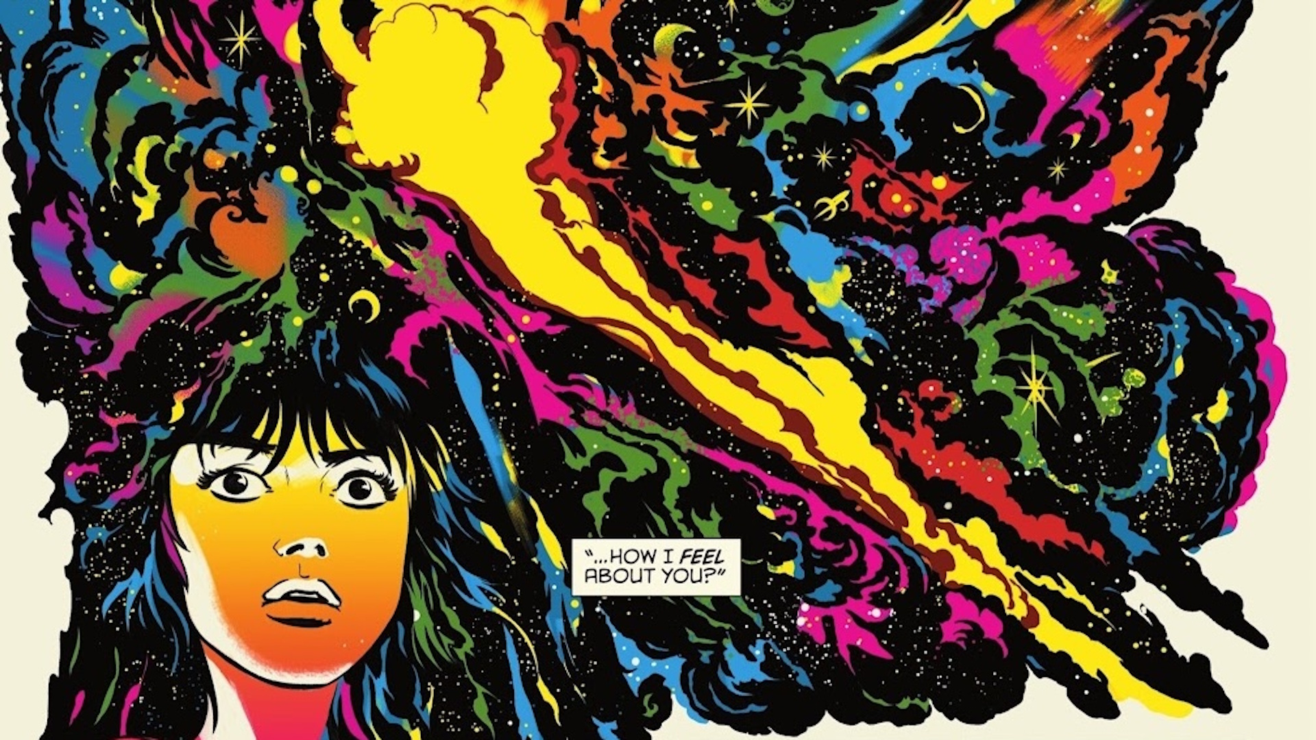 Absolute Martian Manhunter panel with text "... HOW I FEEL ABOUT YOU?" on top of a psychedelic cloud