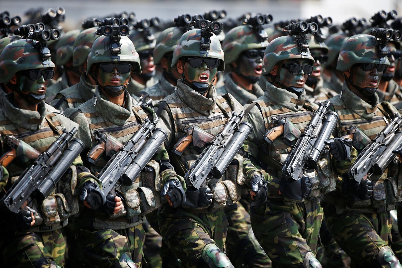 North Korean special forces soldiers march in a military parade.