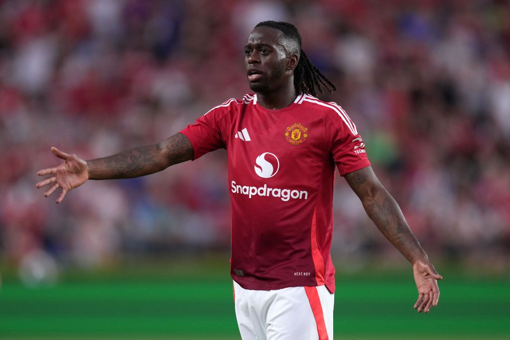 COLUMBIA, SOUTH CAROLINA - AUGUST 03: Aaron Wan-Bissaka #29 of Manchester United reacts during a pre-season friendly match against Liverpool at Williams-Brice Stadium on August 03, 2024 in Columbia, South Carolina. (Photo by Grant Halverson/Getty Images)