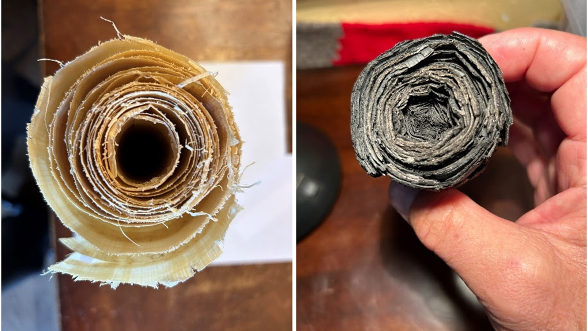 A close up of two scrolls, one normal and the other charred