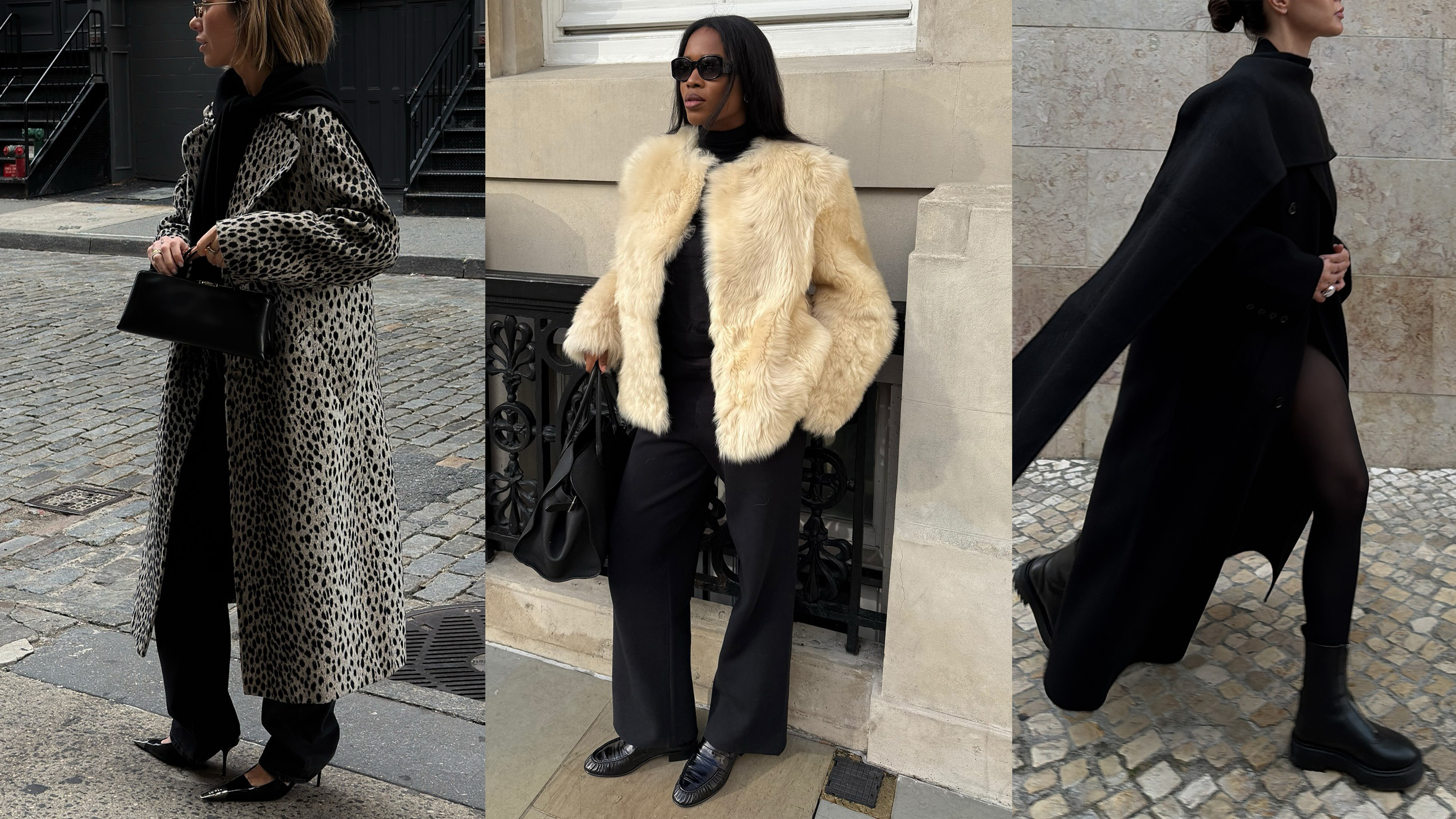 Collage of women in elegant winter coat outfits. 