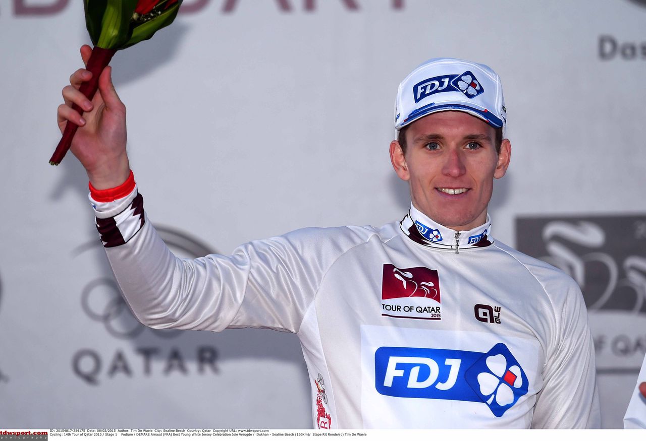 Arnaud D&eacute;mare (FDJ) in the white jersey.