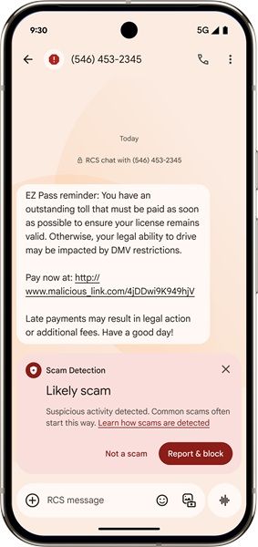 A Google Messages alert of a potential scam, which gives users the choice to "report and block" the phone number.