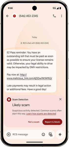 A Google Messages alert of a potential scam, which gives users the choice to "report and block" the phone number.
