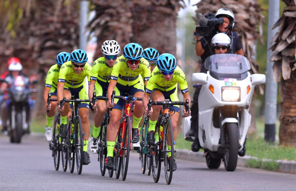 GROSSETO ITALY SEPTEMBER 11 Julia Biryukova of Ukraine Olena Sharga of Ukraine Ievgeniia Vysotska of Ukraine Naomi de Roeck of Belgium Spela Kern of Slovenia and Fiona Turnbull of The United Kingdom and Lviv Cycling Team during the 31st Giro dItalia Internazionale Femminile 2020 Stage 1 a 168km Team Time Trial from Grosseto to Grosseto TTT GiroRosaIccrea GiroRosa on September 11 2020 in Grosseto Italy Photo by Luc ClaessenGetty Images