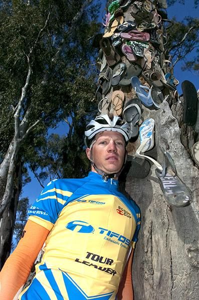 Tour leader Patrick Shaw (Genesys Wealth Advisers) beside the 'Thong' tree in Echuca prior to the start of stage five.