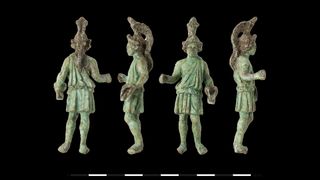 a green-tinted bronze figurine of a human figure wearing a toga and a war helmet is pictured from four angles