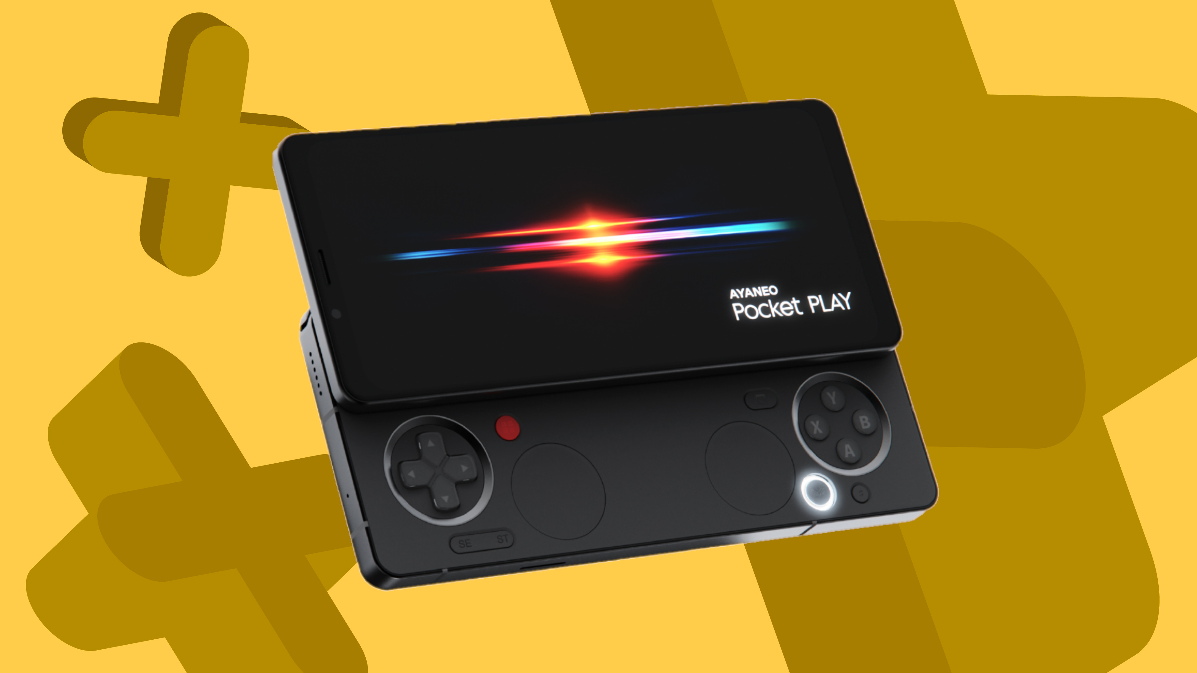 Ayaneo Pocket Play gaming phone on a yellow background
