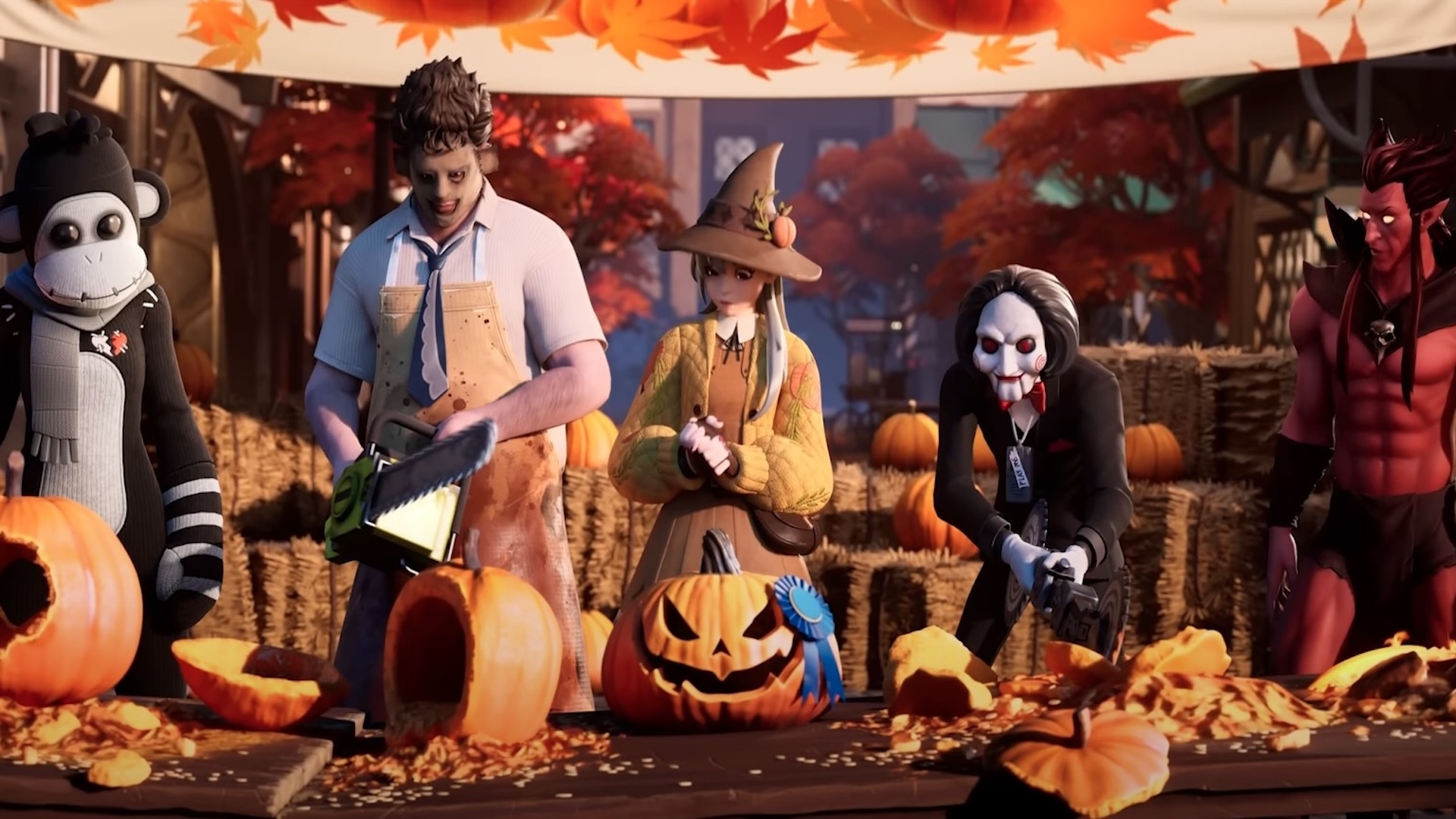 Shadow Monks, Leatherface, a witch, Billy the Puppet, and Mephisto carving pumpkins