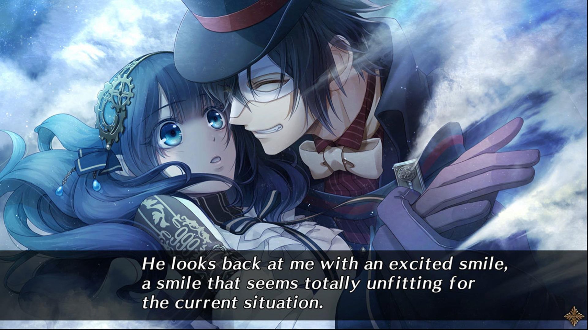 Code Realize: Guardians of Rebirth screenshot showing Lupin, who wears a top hat and mask and smiles, holding Cardia, who has long brown hair and wears a steampunk style outfit
