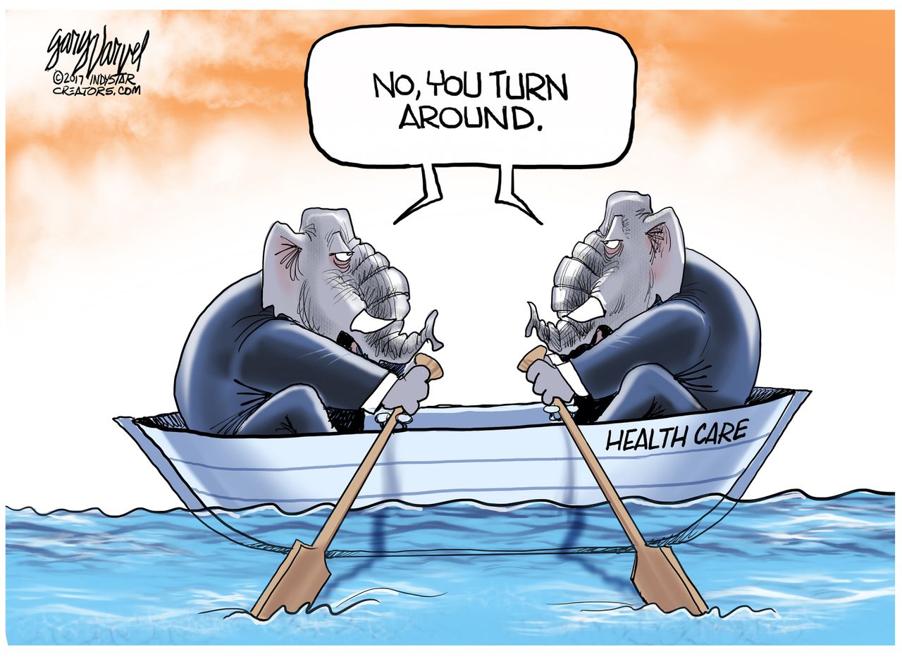 Political Cartoon U.S. Republican health care reform Ryancare Trumpcare backtrack