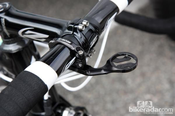 Levi Leipheimer (Omega Pharma-QuickStep) is using K-Edge's new machined aluminum mount for Garmin Edge computers.