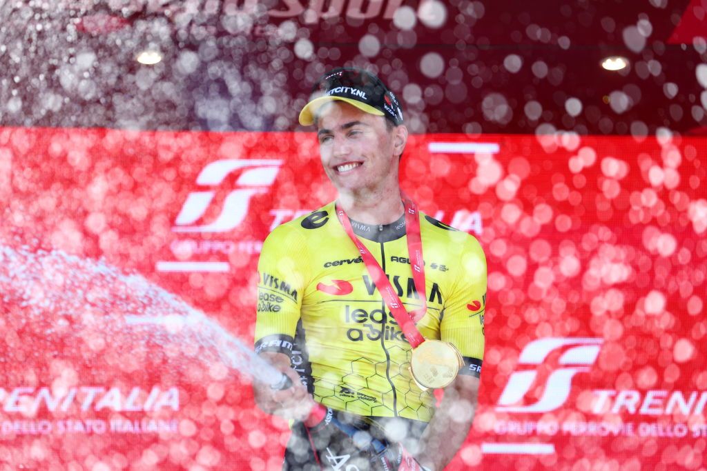 Olav Kooij (Visma-Lease a Bike) celebrates his first Grand Tour victory