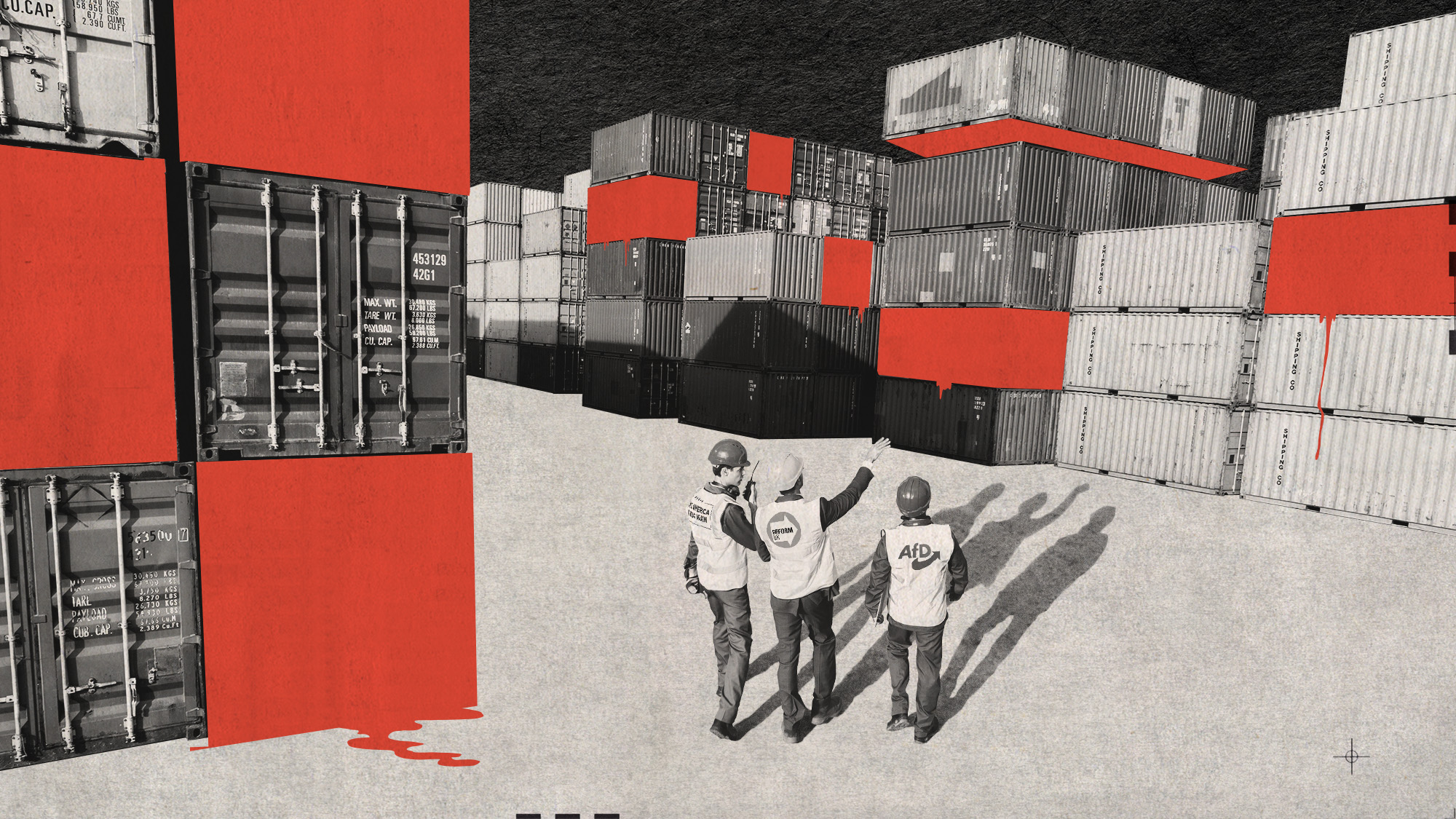 Photo collage of foremen with far right party logos on their hi-vis vests inspecting shipping containers. Some are marked out in red.