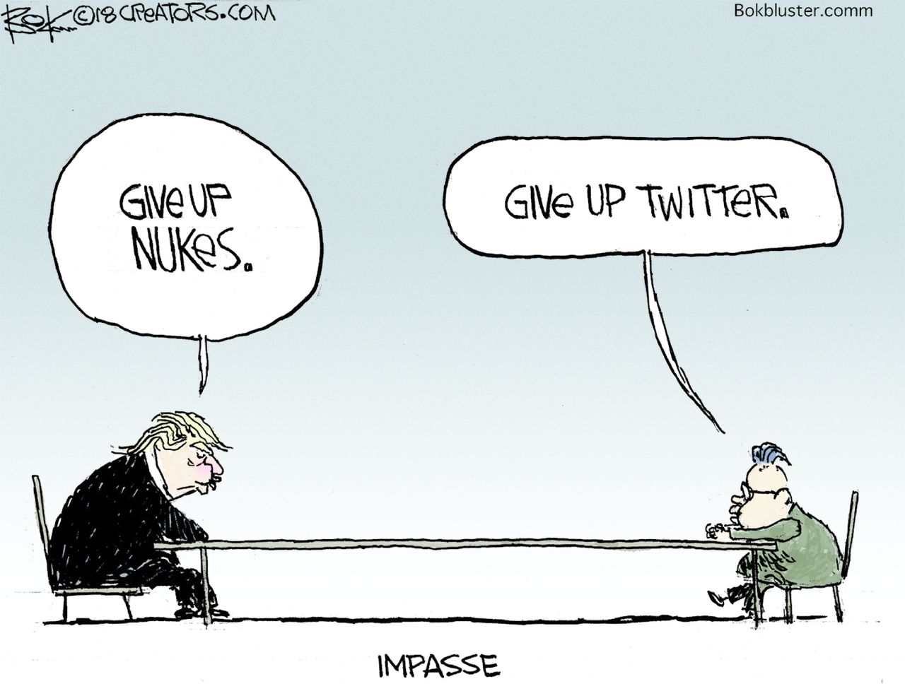 Political cartoon U.S. Kim Jong Un Trump North Korea Singapore nuclear summit Twitter