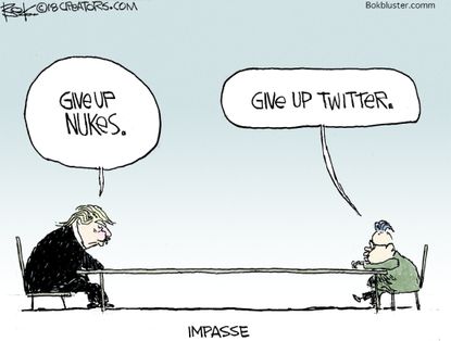 Political cartoon U.S. Kim Jong Un Trump North Korea Singapore nuclear summit Twitter
