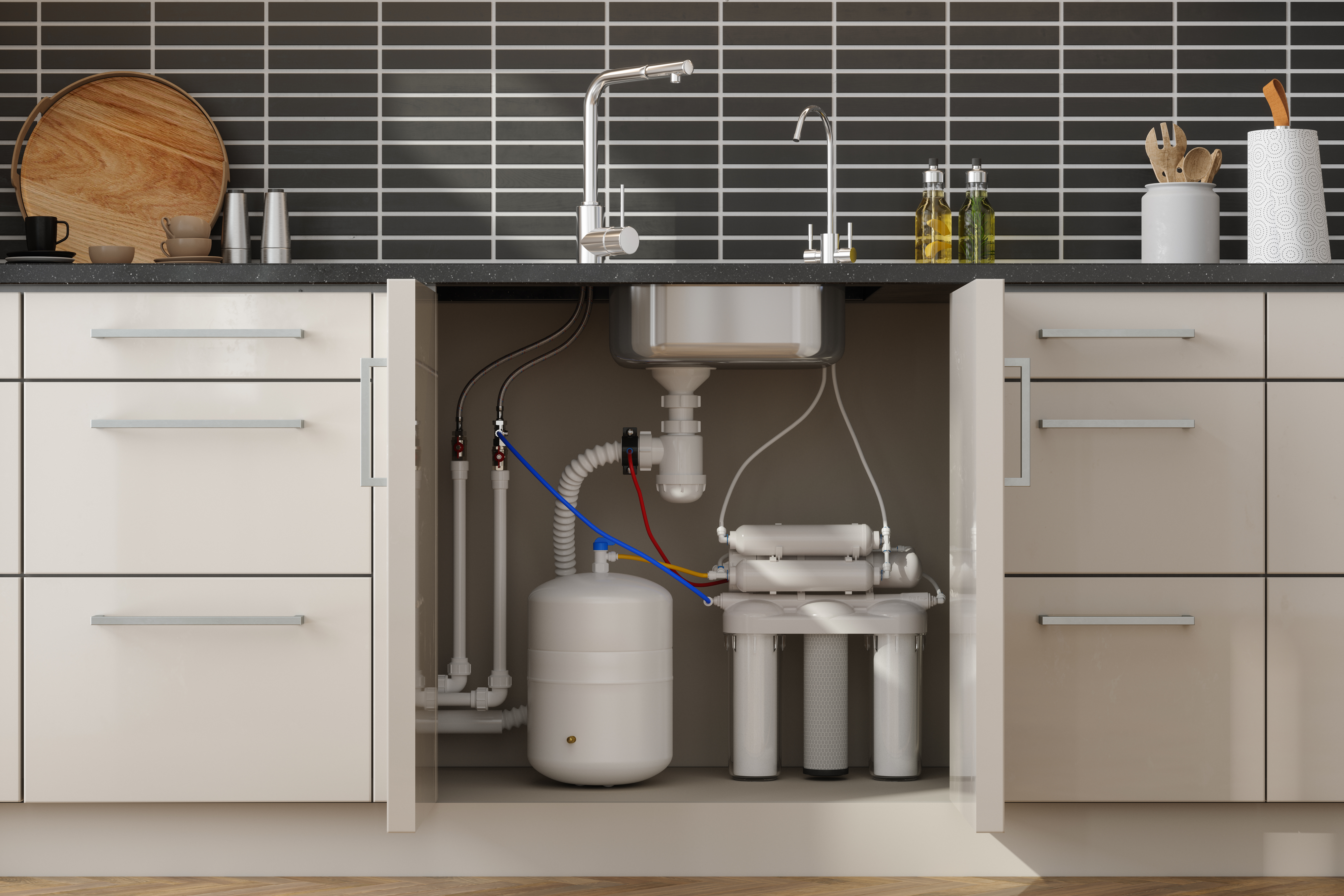 Reverse osmosis water filter system under kitchen sink