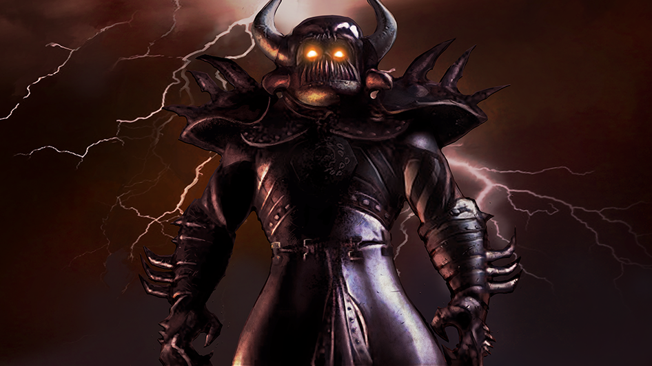 Baldur&#039;s Gate protagonist stands ominously in full, spiky armour, lightning coursing through the sky behind him.