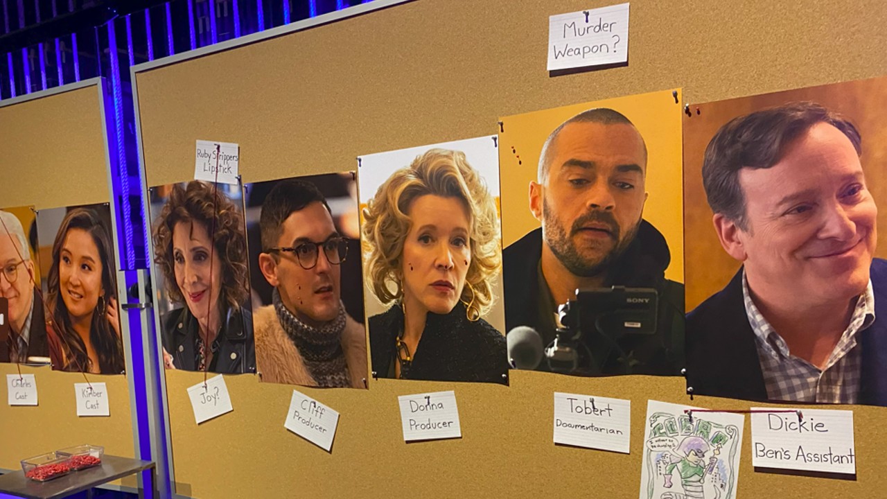 images of Charles, Kimber, Joy, Cliff, Donna, Tobert and Dickie on the murder board at the Only Murders experience.