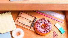 A donut with pink glaze and chocolate sprinkles on a mouse trap, in an open desk drawer surrounded by stationery supplies: a ruler, pencil, rubber, two pink paper clips, a roll of tape and notepads