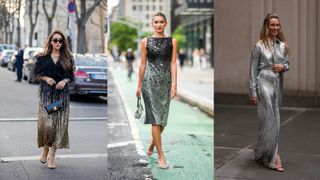 A composite of street style influencers wearing Christmas party outfits a sequin dress