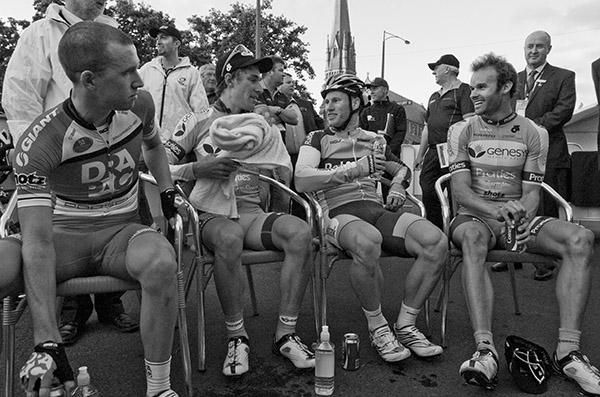 (l-r): Adam Semple, Anthony Giacoppo, Mark Renshaw and Steele Von Hoff discuss the race as they await the presentations.