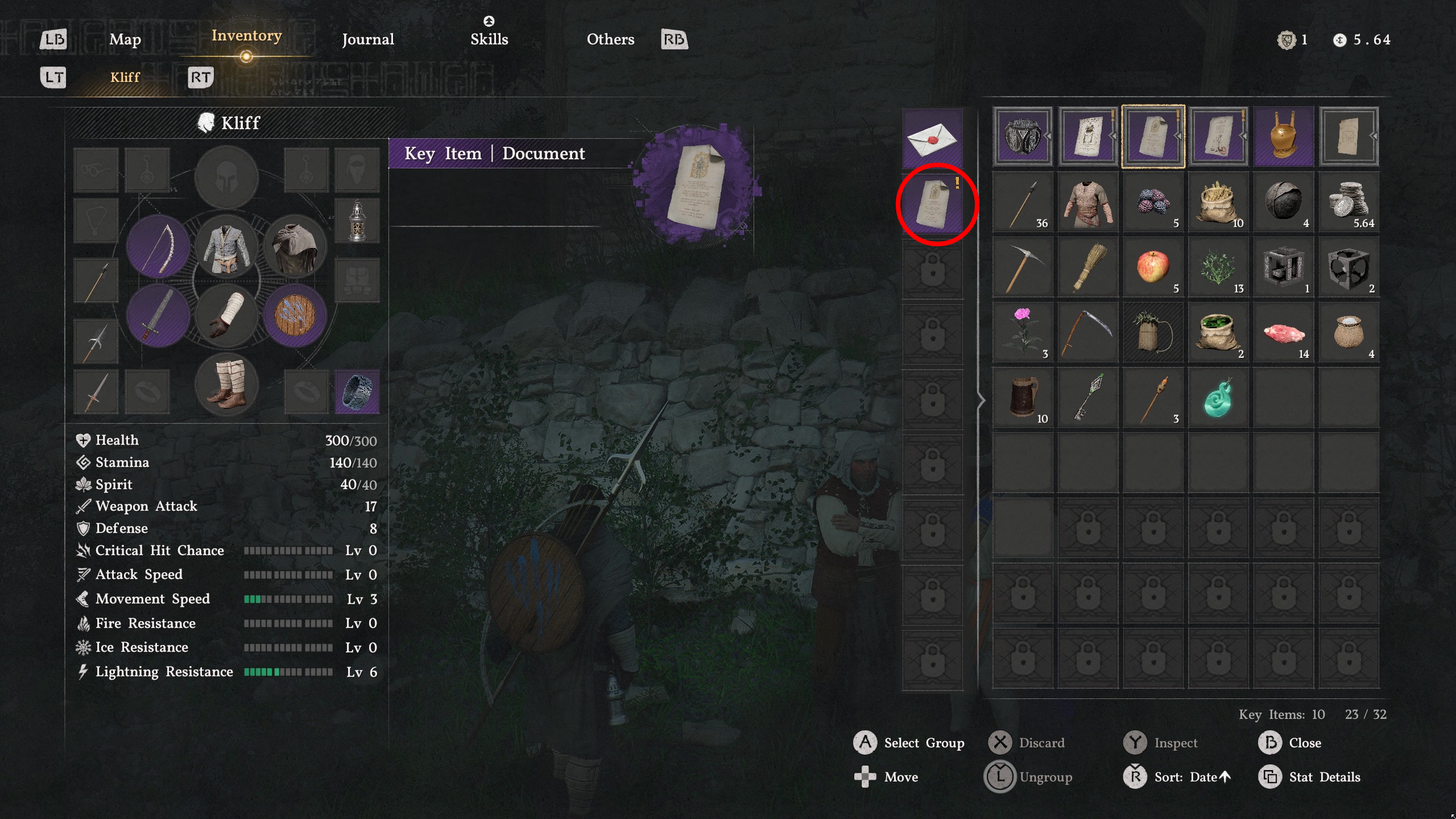 Crimson Desert Lost Letter: The player looking in their inventory, with a red circle highlighting the location of the Lost Letter.