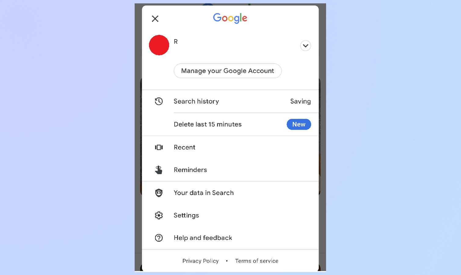 An image showing how to delete the last 15 minutes of your search history in the Google search Android app.