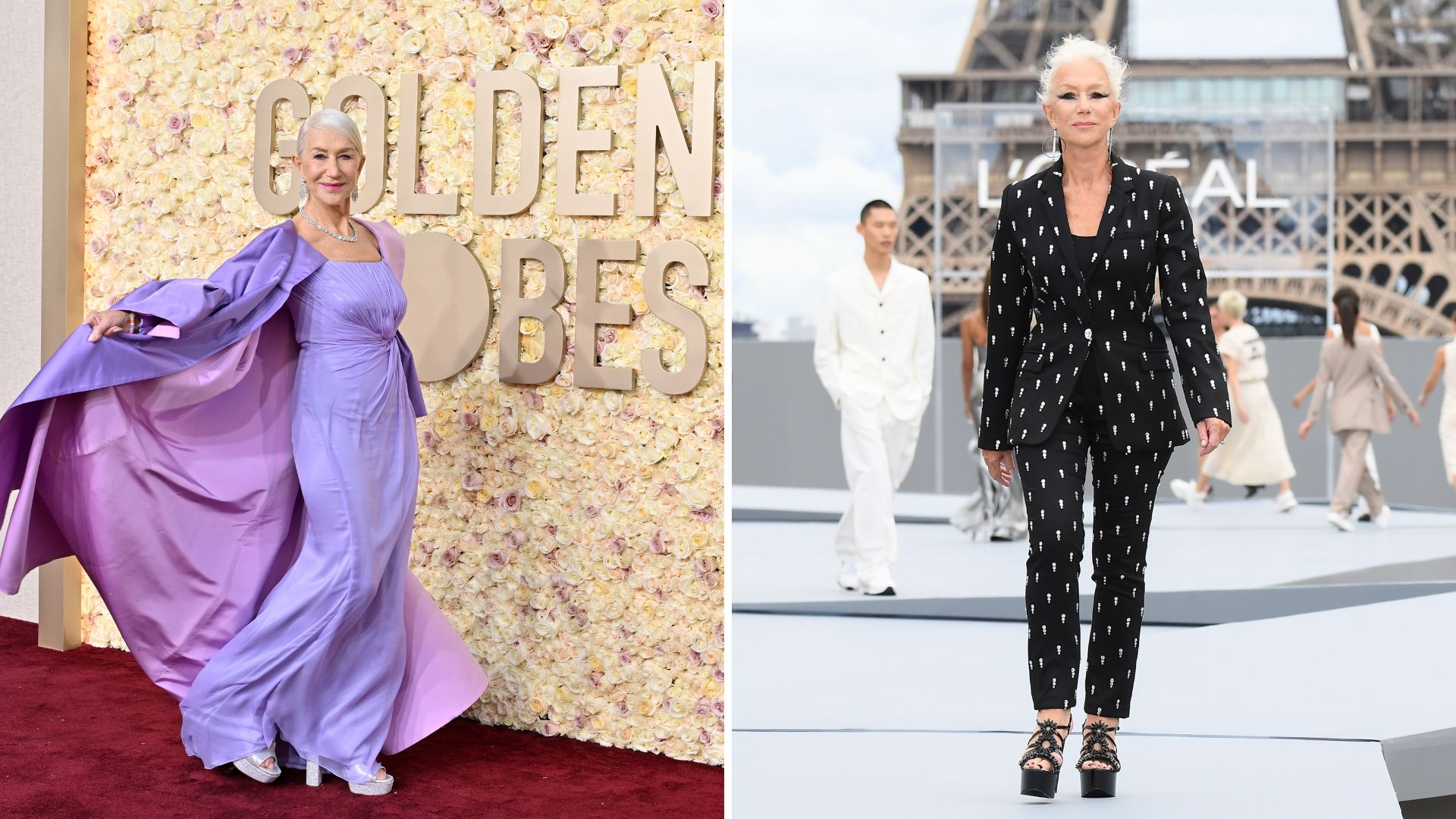 L-Helen Mirren at the 2024 Golden Globes red carpet, R-Helen Mirren walks the Le Defile L'Oreal Paris 2021 runway