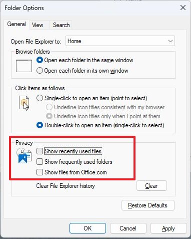 Disable recent files and folders in Explorer