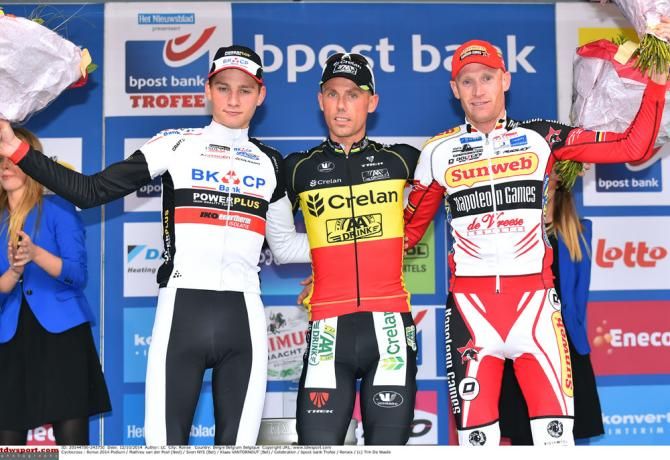 The men's podium in the Bpost Bank Trophy cyclo-cross race in Ronse