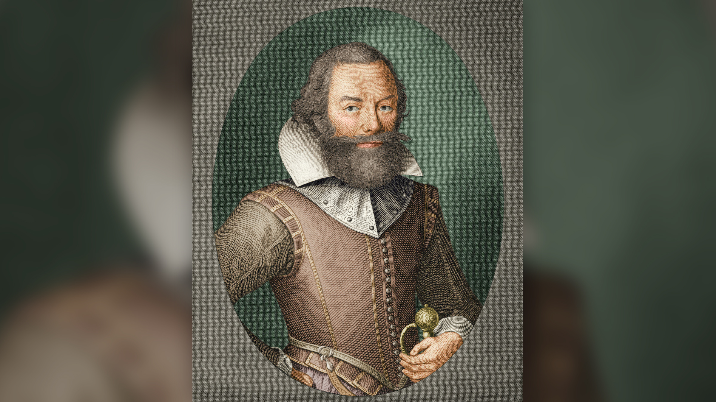An engraved and colorized portrait of English colonist, pioneer, sailor and soldier John Smith (circa 1580 to 1631).