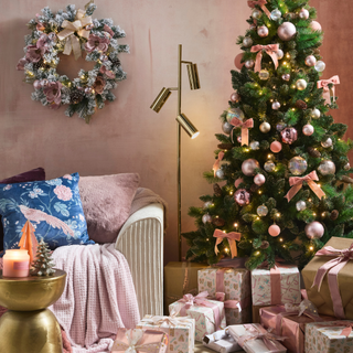 Christmas tree with pink decor and pink wrapped presents