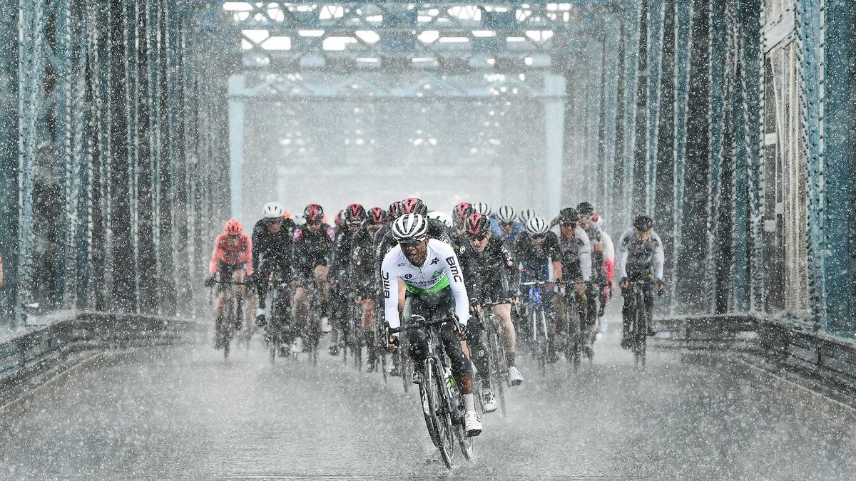 Picture by Alex BroadwaySWpixcom 02052019 Cycling 2019 Tour de Yorkshire Stage 1 Doncaster Selby Nicholas Dlamini of Team Dimension Data leads the Peloton at Boothferry Bridge which spans the Rover Ouse