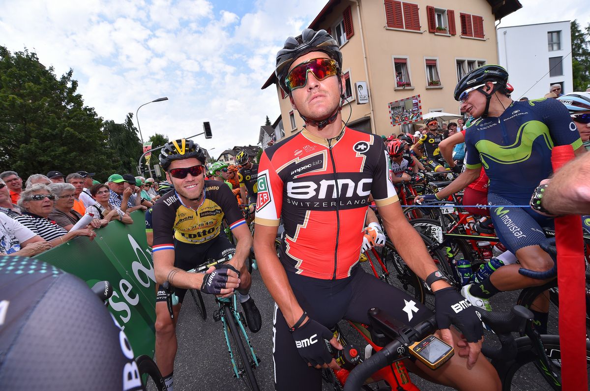 Greg Van Avermaet atop his new race bike recognising his Olympic road race win