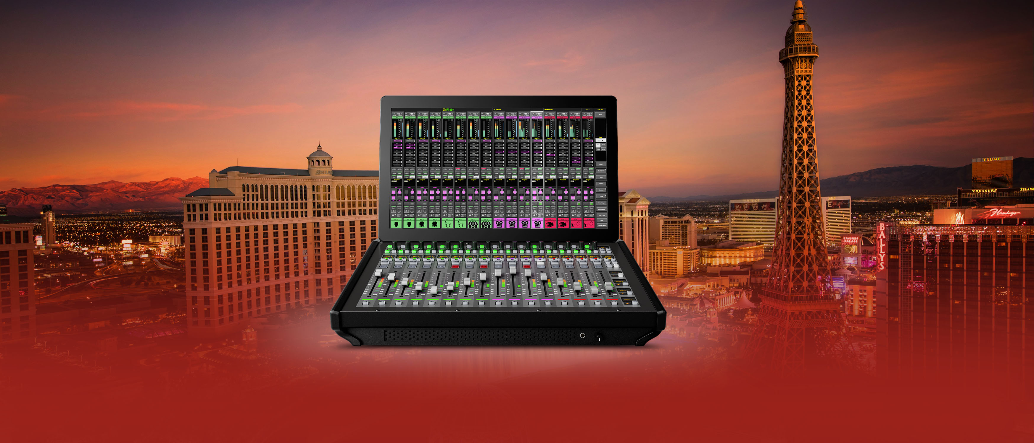 A Solid State Logic mixer superimposed in front of the Las Vegas strip for InfoComm.