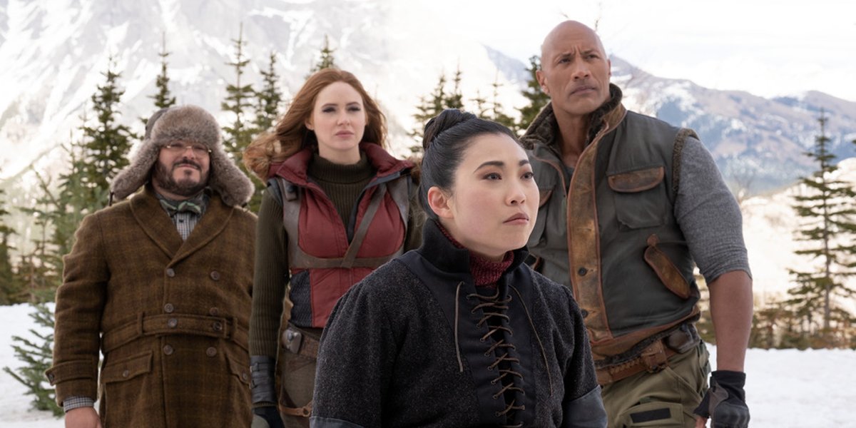 Awkwafina Dwayne Johnson Karen Gillan and Jack Black in Jumanji: The Next Level