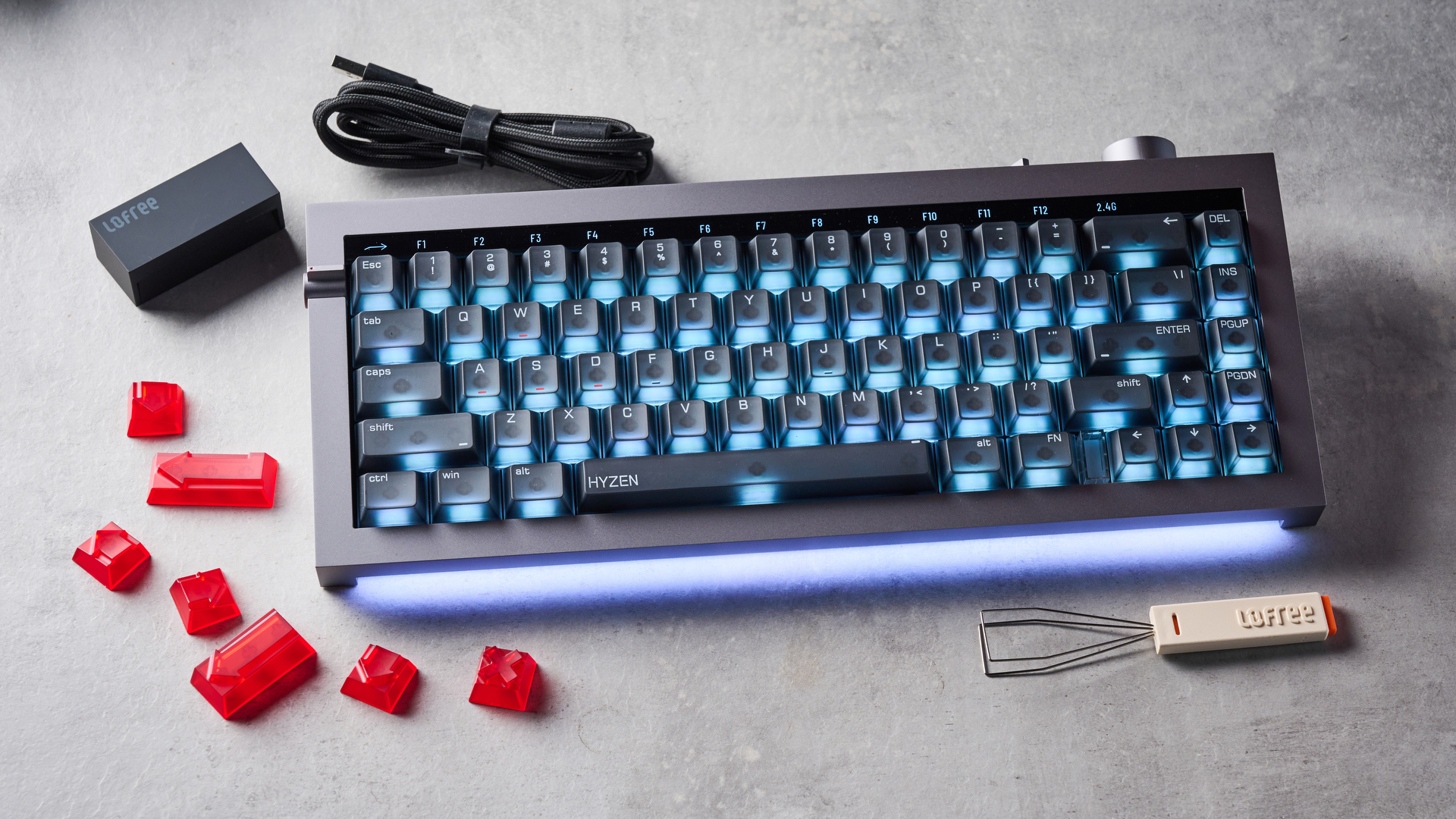 The Lofree Hyzen keyboard on a stone surface